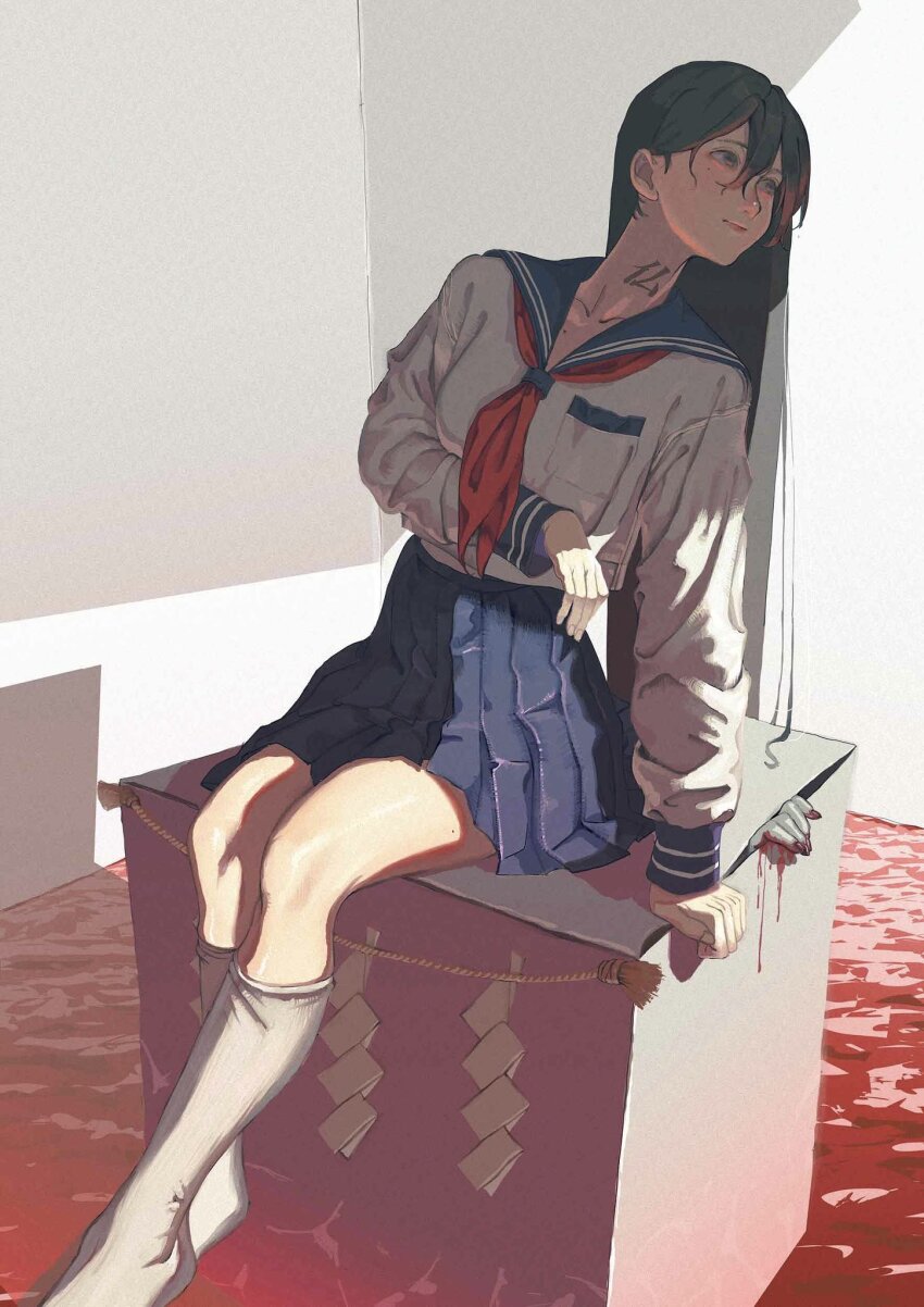 1girl, arm_support, black_hair, blood, blue_sailor_collar, blue_skirt, body_writing, closed_mouth