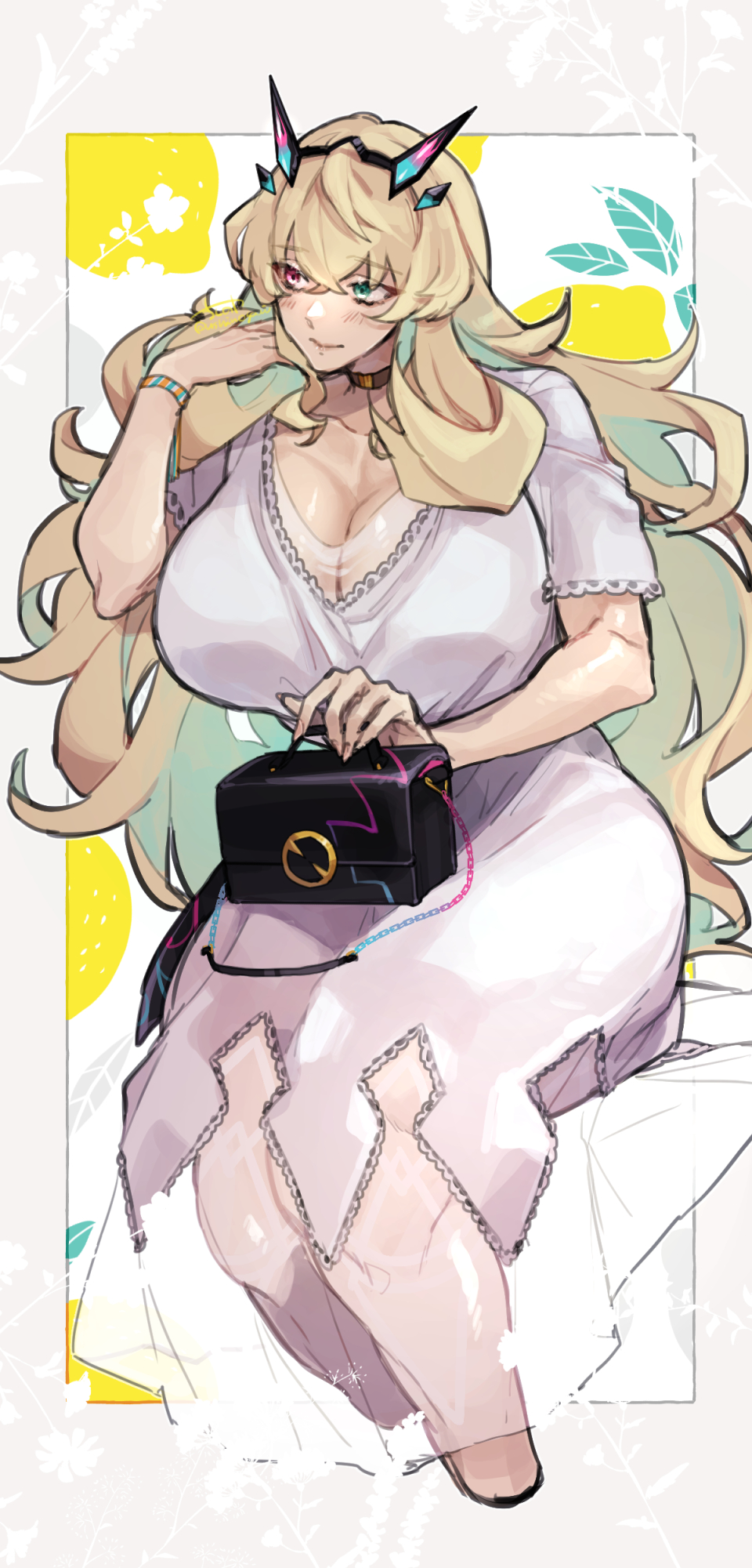 1girl, bag, barghest_(dream_portrait)_(fate), barghest_(fate), belt, blonde_hair, blush, breasts