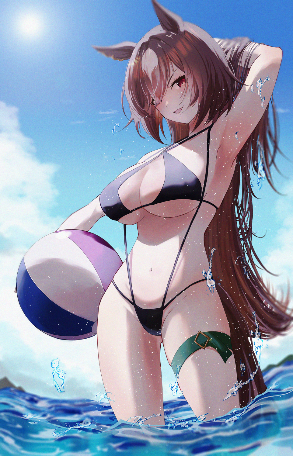 1girl, alternate_costume, animal_ears, arm_behind_head, arm_up, armpits, ball, beachball