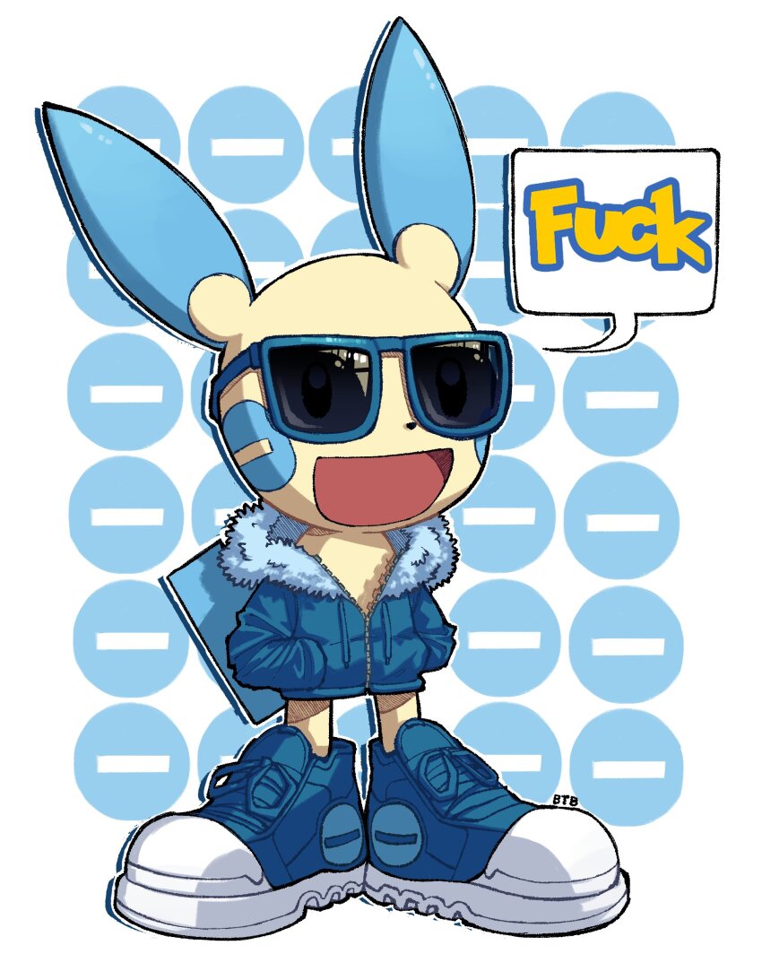 :d, absurdres, artist_name, balancetheball, blue-framed_eyewear, blue_shoes, clothed_pokemon, commentary, drawstring, drip_(meme), english_commentary, english_text, fur-trimmed_jacket, fur_trim, gen_3_pokemon, hands_in_pockets, highres, hood, hooded_jacket, jacket, meme, minun, minus_sign, nintendo, no_humans, open_mouth, pokemon, pokemon_(creature), profanity, shoes, simple_background, smile, sneakers, speech_bubble, standing, sunglasses, white_background