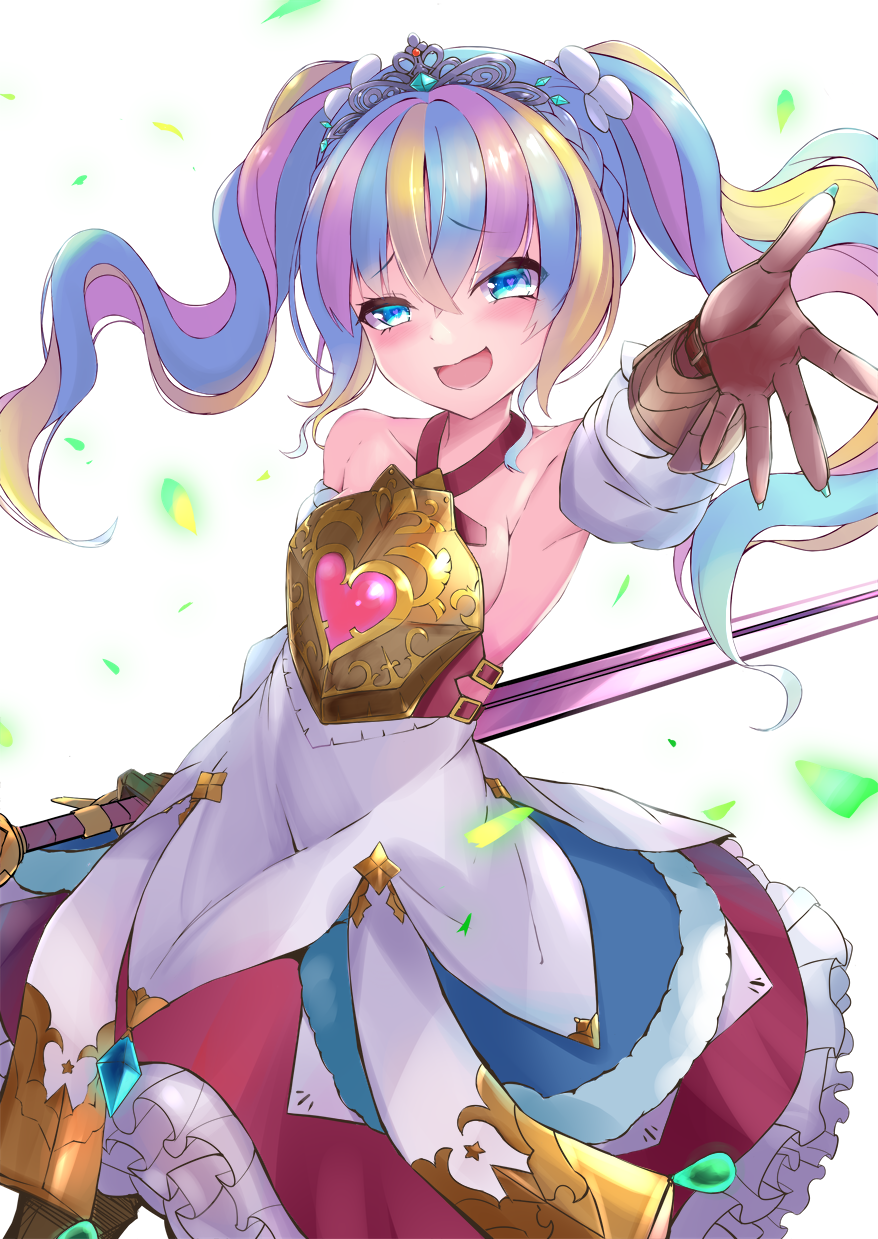 :d, aqua_eyes, aqua_hair, armor, armpits, blonde_hair, blush, breastplate