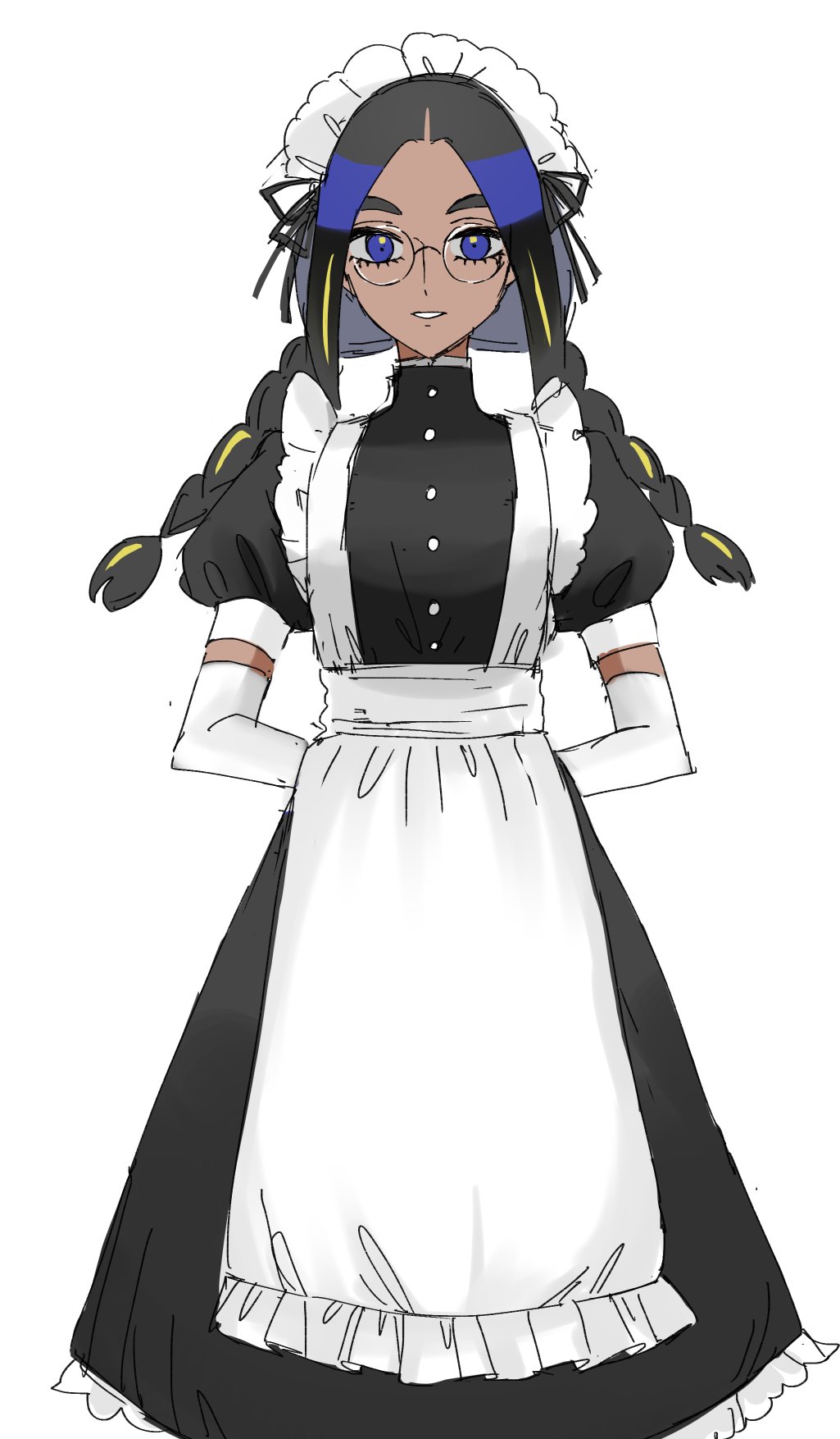 1girl, alternate_costume, apron, arms_behind_back, black_dress, black_hair, blue_eyes, braid