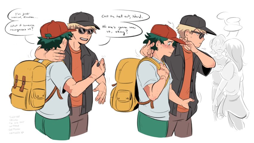2boys, 2girls, backpack, bag, bakugou_katsuki, baseball_cap, black_shirt, blonde_hair