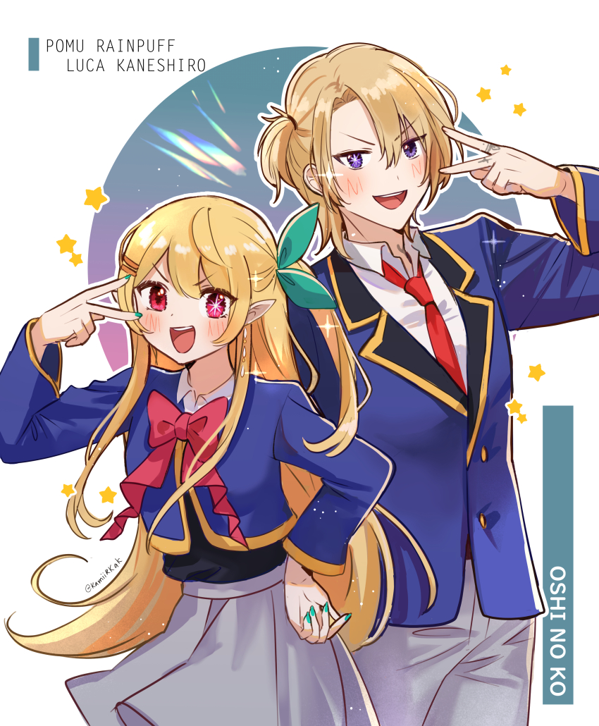 1boy, 1girl, absurdres, blazer, blonde_hair, blue_jacket, blue_nails, blush