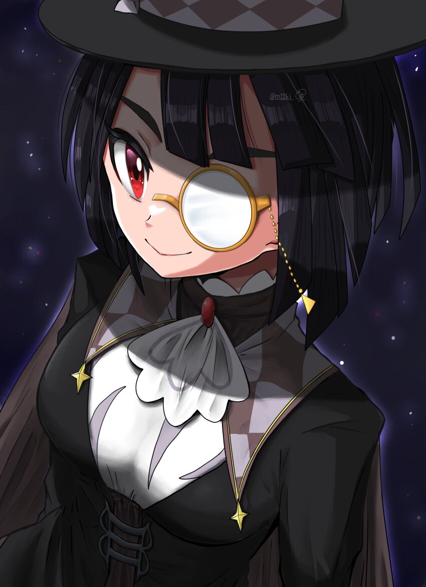 1girl, ascot, black_hair, black_headwear, cape, highres, looking_at_viewer, m12ki