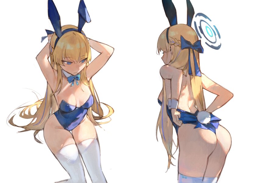 1girl, absurdres, adjusting_clothes, adjusting_leotard, animal_ears, ass, blonde_hair, blue_archive