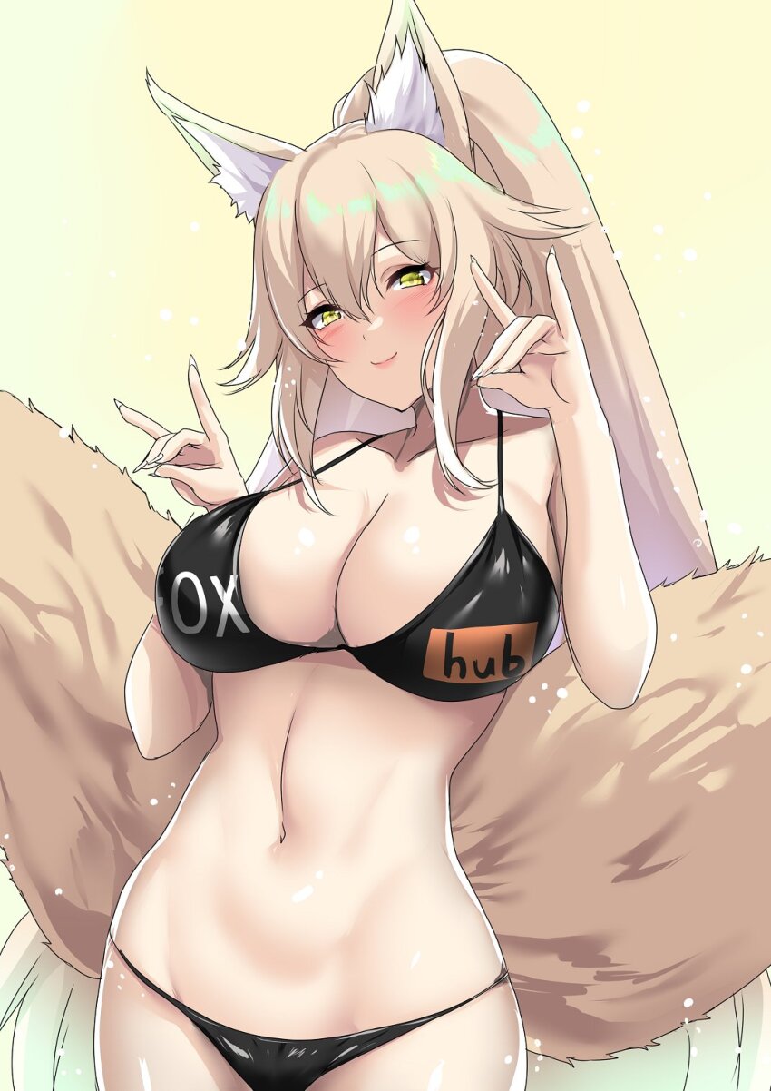 1girl, animal_ears, bikini, black_bikini, blonde_hair, blush, breasts, clothes_writing