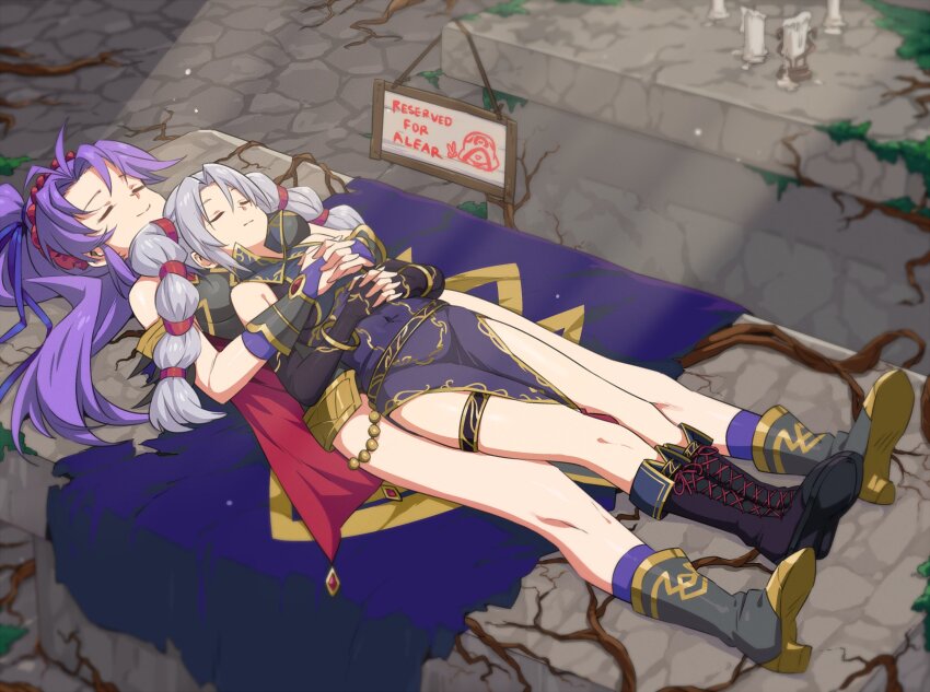 2girls, black_dress, boots, bracelet, bridal_gauntlets, closed_eyes, closed_mouth, covered_navel, dress, fingerless_gloves, fire_emblem, fire_emblem:_genealogy_of_the_holy_war, fire_emblem_heroes, gloves, grey_hair, highres, jewelry, long_hair, lying, lying_on_person, mother_and_child, mother_and_daughter, multi-tied_hair, multiple_girls, nintendo, on_back, parent_and_child, pelvic_curtain, ponytail, purple_dress, purple_hair, redkite333, sleeping, smile, stone_floor, sunlight, tailtiu_(fire_emblem), tailtiu_(resplendent)_(fire_emblem), tine_(fire_emblem), twintails