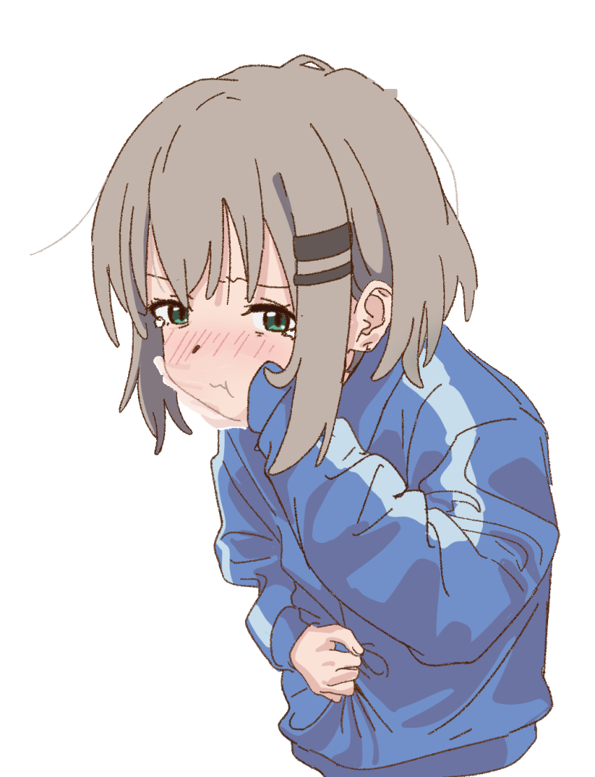 1girl, blue_jacket, blush, cheek_bulge, closed_mouth, commentary_request, covering_own_mouth, cropped_torso
