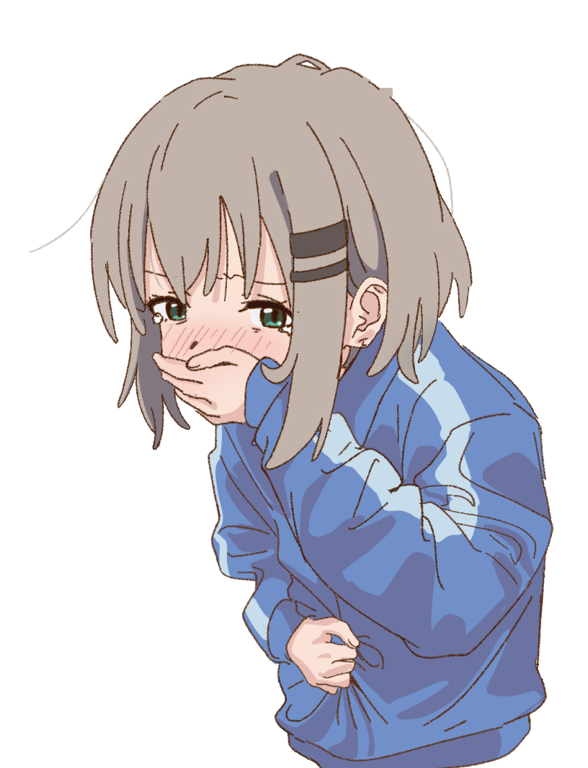 1girl, blue_jacket, blush, covering_own_mouth, cropped_torso, doublep0ints, furrowed_brow, green_eyes