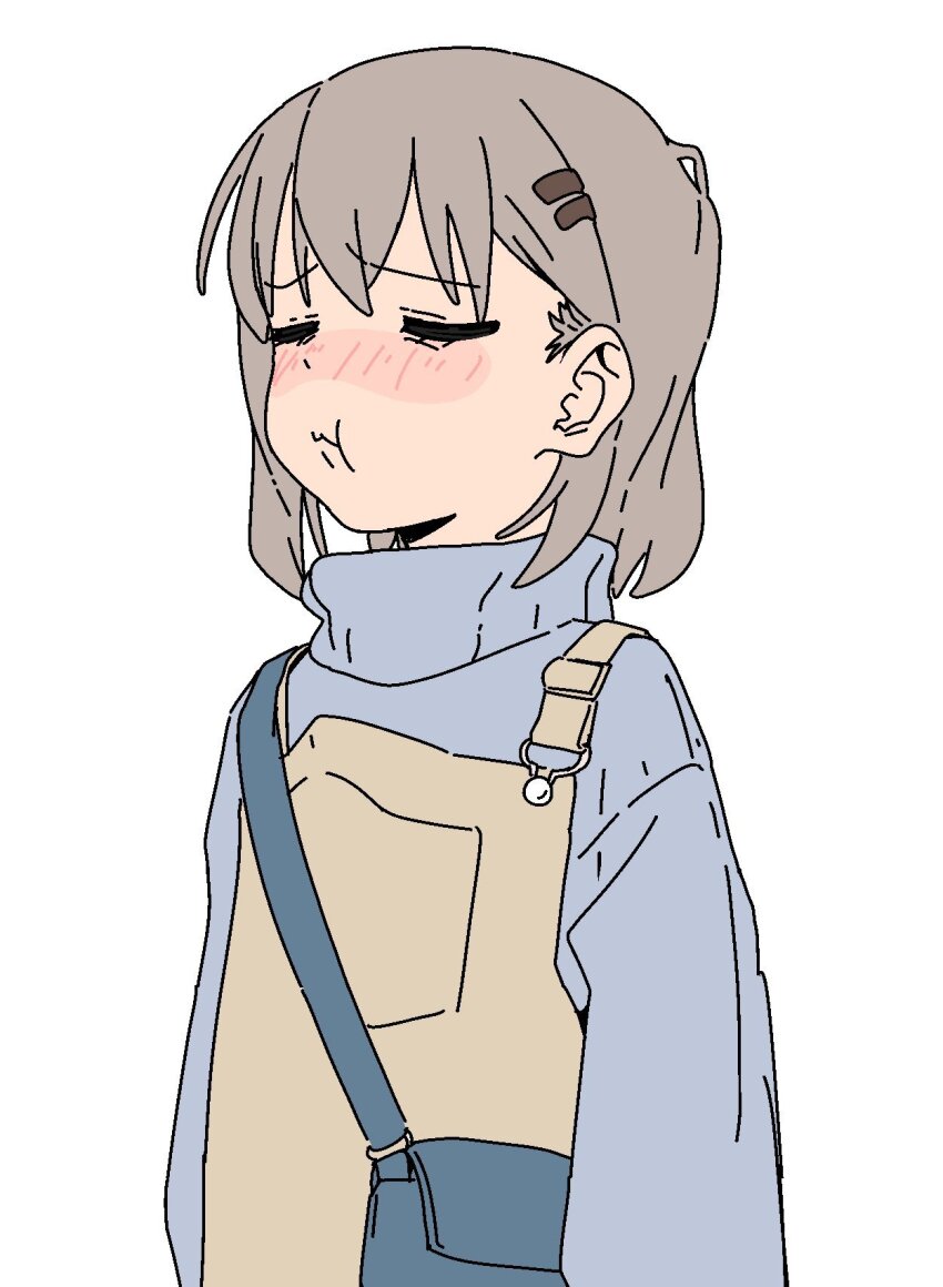 1girl, bag, blue_sweater, blush, brown_overalls, cheek_bulge, closed_eyes, closed_mouth