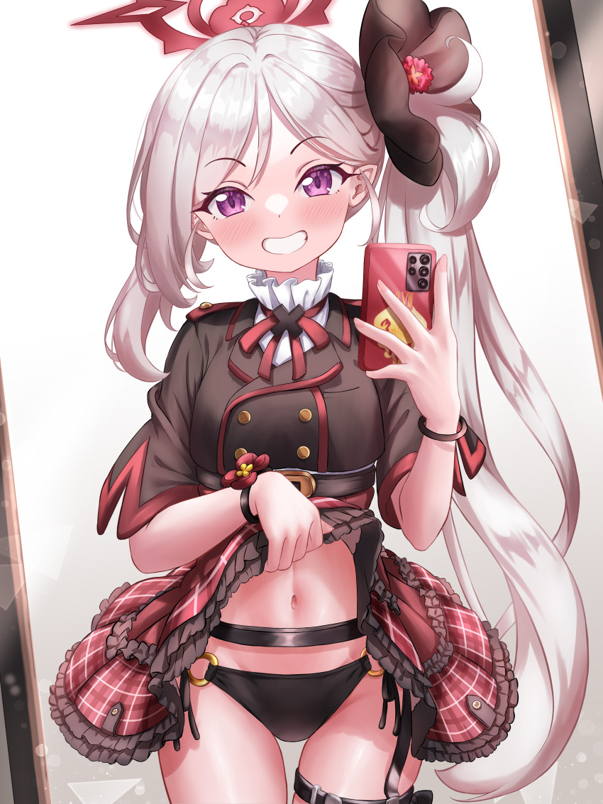 absurdres, asymmetrical_hair, bikini, bikini_bottom_only, bikini_under_clothes, black_bikini, black_shirt, blue_archive, blush, breasts, clothes_lift, commentary, cowboy_shot, frilled_skirt, frills, grin, halo, high-waist_skirt, highres, holding, holding_phone, kuma_piv, lifting_own_clothes, loli, long_hair, miniskirt, mirror, mirror_selfie, mutsuki_(blue_archive), navel, o-ring, o-ring_bikini, phone, plaid_clothes, plaid_skirt, red_halo, red_skirt, selfie, shirt, short_sleeves, side_ponytail, skirt, skirt_lift, small_breasts, smile, swimsuit, thigh_strap, very_long_hair, white_hair