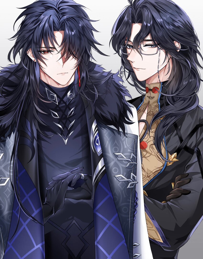 2boys, black_gloves, black_hair, black_shirt, blade_(honkai:_star_rail), blade_(honkai:_star_rail)_(cosplay), chinese_clothes, closed_mouth, coat, coat_on_shoulders, commentary, cosplay, costume_switch, crossed_arms, earrings, english_commentary, eyewear_strap, fatui_coat, fur-trimmed_coat, fur_trim, genshin_impact, glasses, gloves, grey_background, grey_eyes, hair_between_eyes, hair_over_one_eye, hair_over_shoulder, hands_up, highres, honkai:_star_rail, honkai_(series), interlocked_fingers, jewelry, lapels, light_smile, long_hair, long_sleeves, looking_at_viewer, male_focus, mandarin_collar, mismatched_earrings, multiple_boys, one_eye_covered, own_hands_together, pantalone_(genshin_impact), pantalone_(genshin_impact)_(cosplay), parted_bangs, red_eyes, ring, semi-rimless_eyewear, serious, shirt, sidelocks, simple_background, stud_earrings, turtleneck, under-rim_eyewear, upper_body, white_coat, z0umu