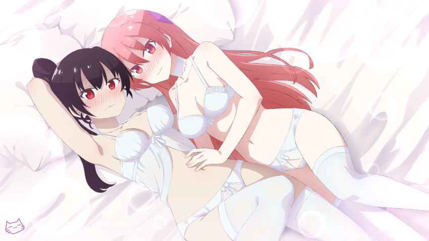 2girls, armpits, black_hair, blush, bra, breasts, keihh, large_breasts, long_hair, looking_at_viewer, medium_breasts, multiple_girls, nakiri_ouka, navel, on_bed, panties, pink_hair, red_eyes, stomach, thighhighs, tonikaku_kawaii, underwear, underwear_only, white_bra, white_panties, white_thighhighs, yuri, yuzaki_tsukasa