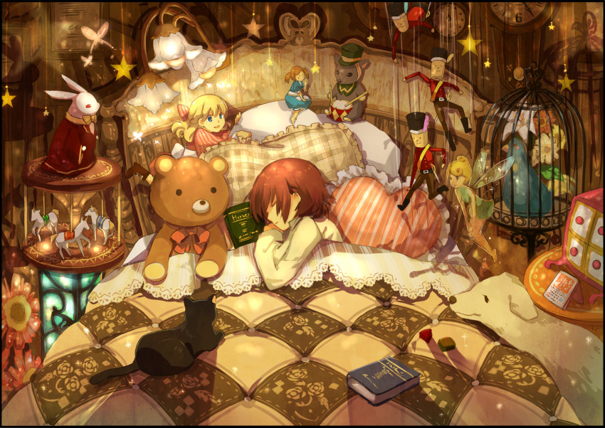 1boy, 2girls, bed, birdcage, blanket, book, cage, carousel