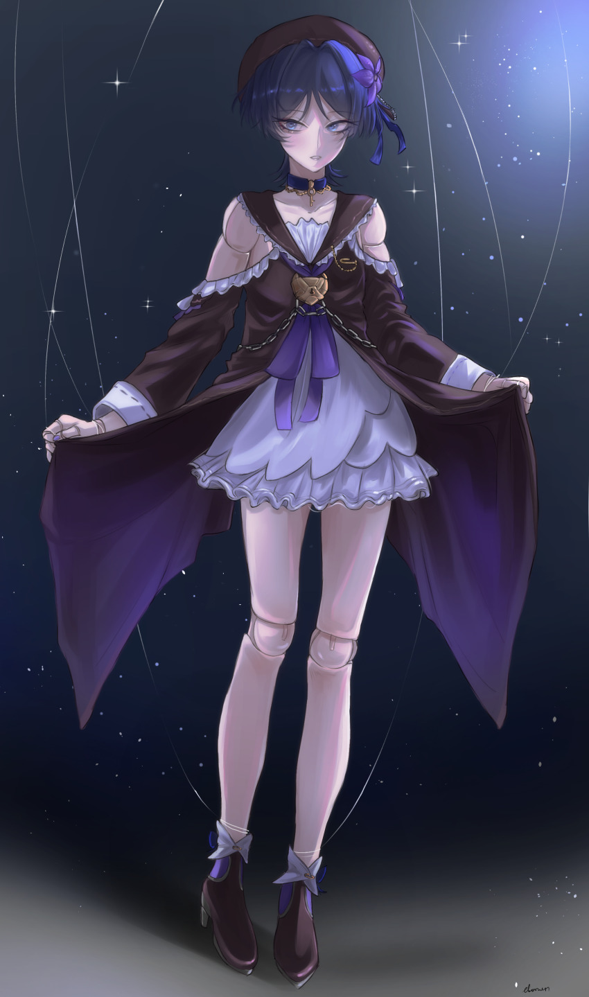 1boy, absurdres, black_choker, blue_eyes, blue_hair, brown_footwear, brown_jacket, choker