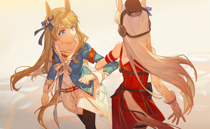 2girls, animal_ears, armband, belt, blue_eyes, blue_jacket, breasts, brown_hair