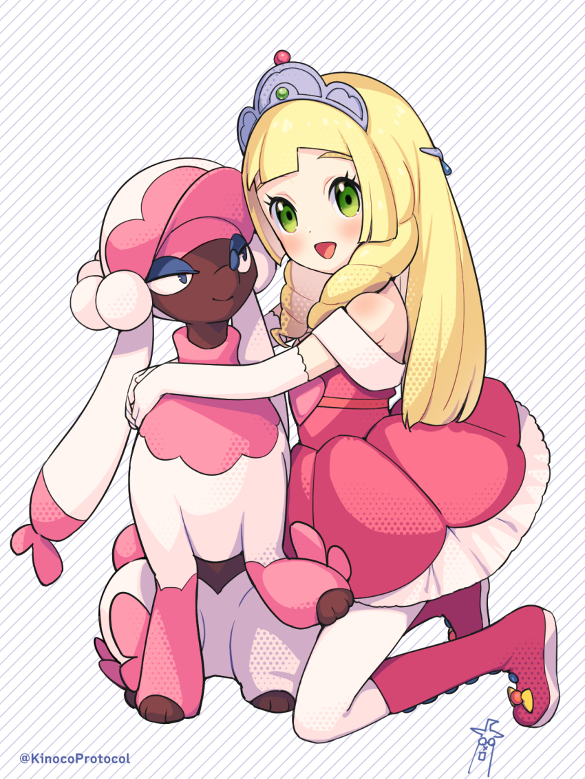 1girl, :d, blonde_hair, blunt_bangs, blush, boots, commentary_request, cosplay, dress, drill_hair, elbow_gloves, eyelashes, from_side, furfrou, furfrou_(matron), gen_6_pokemon, gloves, green_eyes, happy, highres, holding, holding_pokemon, kinocopro, kneeling, lillie_(pokemon), long_hair, nintendo, off-shoulder_dress, off_shoulder, open_mouth, pantyhose, pink_boots, pink_dress, pokemon, pokemon_(anime), pokemon_(creature), pokemon_the_series:_sun_&amp;_moon, pokemon_the_series:_xy, princess_allie_(cosplay), smile, tiara, twin_drills, white_gloves, white_pantyhose