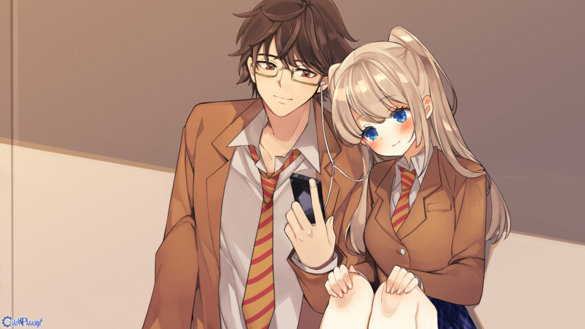 1boy, 1girl, blazer, blue_eyes, blue_skirt, blush, brown_eyes, brown_hair