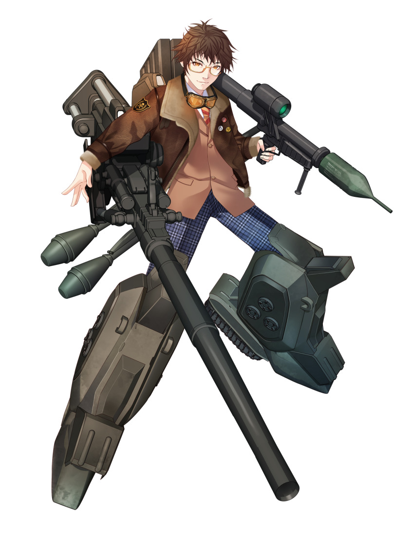 1boy, ammunition, badge, brown_hair, brown_jacket, brown_vest, button_badge, chain_paradox, full_body, goggles, goggles_around_neck, gun, high-explosive_anti-tank_(warhead), highres, holding, holding_gun, holding_weapon, jacket, kakizaka_hachishika, kuga_shunto, leather, leather_jacket, male_focus, mechanical_legs, necktie, orange_eyes, pants, panzerfaust, panzerfaust_3, plaid_clothes, plaid_pants, recoilless_gun, rocket-assisted_projectile, rocket-propelled_grenade, rocket_(projectile), rocket_launcher, short_hair, solo, standing, striped_clothes, striped_necktie, transparent_background, vest, weapon, weapon_request