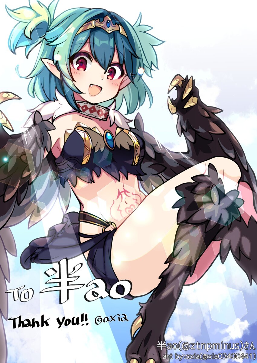 1girl, artist_name, axia_(03400441), bird_legs, black_feathers, black_wings, blush, breasts