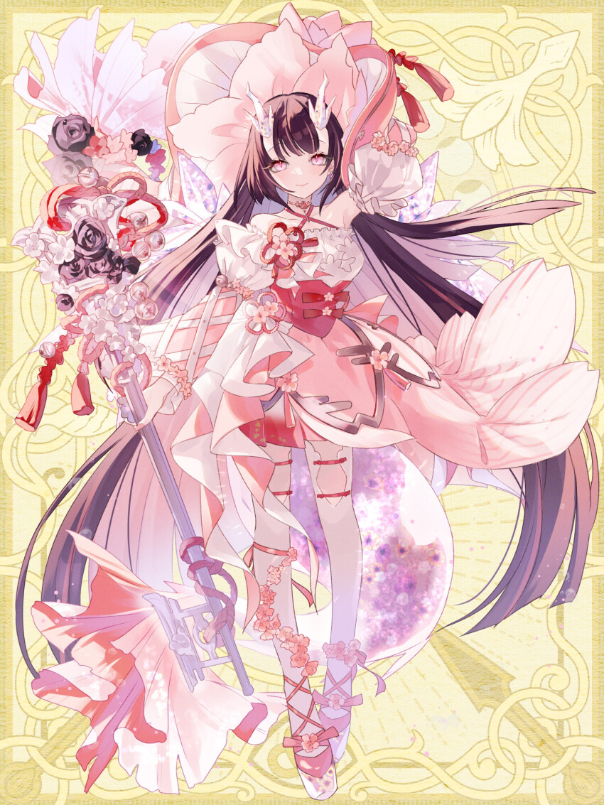 1girl, arm_up, bell, black_hair, chain_paradox, dress, earrings, halterneck, highres, holding, holding_key, horns, jewelry, jingle_bell, key, ling_yi_(tw), long_hair, looking_at_viewer, multiple_tails, pink_dress, pink_eyes, pink_headwear, puffy_sleeves, sakiraku_jiwa, smile, solo, tail, tassel, thighhighs, very_long_hair, white_thighhighs, yellow_background