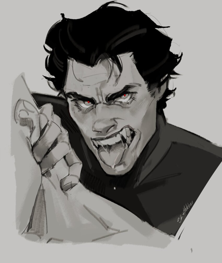 1boy, artist_name, commentary, drooling, fangs, greyscale, hair_slicked_back, hand_on_another's_neck, highres, looking_at_viewer, male_focus, marvel, mature_male, miguel_o'hara, monochrome, nic_(attckher), open_mouth, portrait, realistic, red_pupils, saliva, short_hair, signature, simple_background, skin_tight, smile, solo_focus, spanish_commentary, spider-man:_across_the_spider-verse, spider-man_(series), spider-verse, spot_color, thick_eyebrows, tongue, upper_body