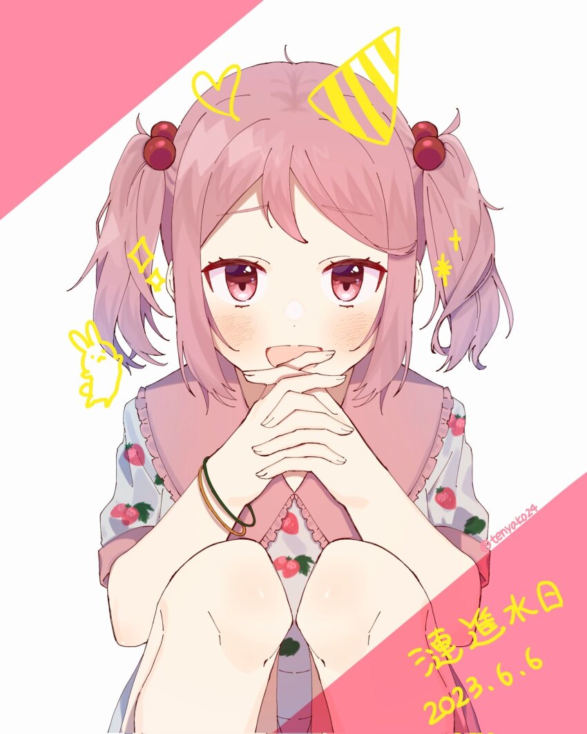 1girl, blush, collared_dress, dated, dress, fingernails, food_print, fruit_print