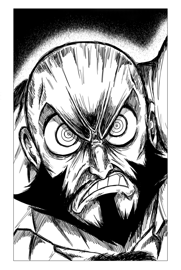 00s, 1boy, @_@, angry, bald, beard, captainosaka, double_k, facial_hair, greyscale, high_contrast, lordgenome, male_focus, monochrome, portrait, ringed_eyes, solo, tengen_toppa_gurren_lagann