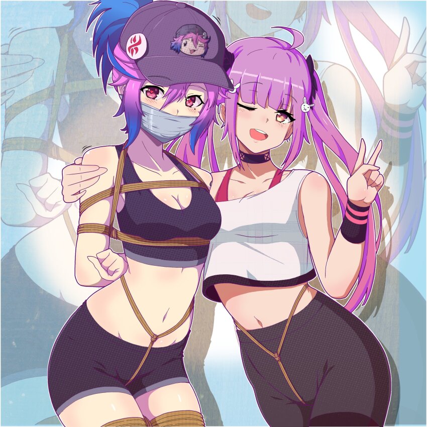 2girls, absurdres, ahoge, bare_shoulders, black_shorts, black_vest, blue_hair, blunt_bangs, borrowed_character, bound, breasts, chibi, chibi_inset, cleavage, cloth_gag, collarbone, cowboy_shot, femdom, gag, gagged, hair_ornament, hand_on_own_shoulder, hat, heart, heart-shaped_pupils, highres, improvised_gag, leuedai_(magnolia-baillon), looking_at_viewer, medium_breasts, multicolored_hair, multiple_girls, navel, olivia_(tiedtiki), original, ponytail, purple_eyes, purple_hair, rabbit_hair_ornament, shibari, shorts, symbol-shaped_pupils, tape, tape_gag, tiedtiki, twintails, two-tone_hair, v, vest, victory_pose, white_vest, yuri