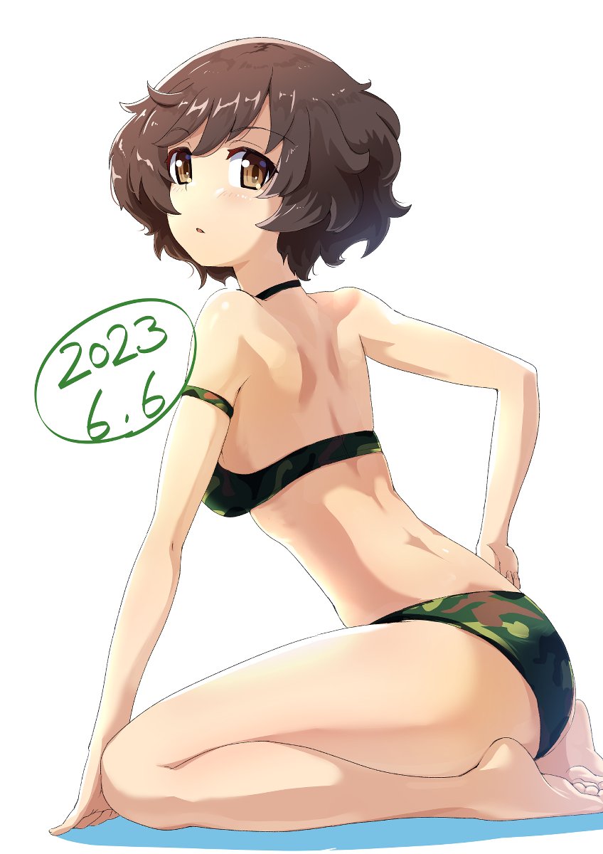 1girl, 2023, akiyama_yukari, armband, ass, barefoot, bikini, brown_eyes