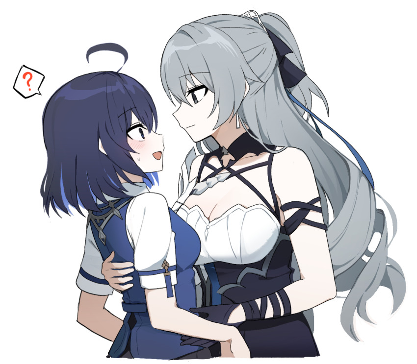 2girls, ahoge, arm_strap, asymmetrical_gloves, bare_shoulders, black_eyes, black_gloves, black_hair