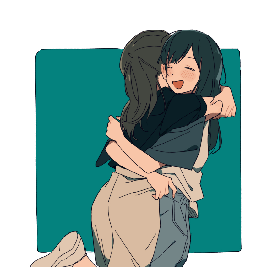 2girls, :d, aoyama_nagisa, arms_around_another's_back, black_hair, black_shirt, blue_background, blue_pants, blush, border, closed_eyes, coldcat., commentary, dot_nose, english_commentary, flat_color, foot_up, from_side, green_hair, grey_pants, highres, hug, love_live!, love_live!_superstar!!, misaki_nako, multiple_girls, open_mouth, pants, raised_eyebrows, shirt, short_sleeves, smile, white_border, white_footwear