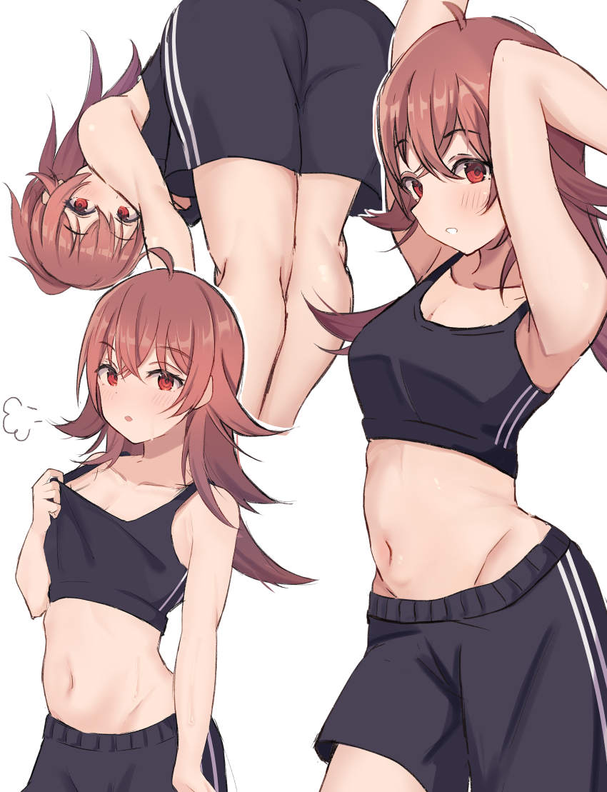 1girl, absurdres, ahoge, armpits, arms_up, ass, black_shirt, black_shorts, blush, breasts, cleavage, clothes_pull, collarbone, crop_top, cropped_shirt, hair_between_eyes, hand_up, highres, idolmaster, idolmaster_shiny_colors, kneepits, komiya_kaho, leaning_forward, long_hair, looking_at_viewer, looking_back, medium_breasts, midriff, multiple_views, navel, open_mouth, puff_of_air, red_eyes, red_hair, shirt, shorts, simple_background, sleeveless, sleeveless_shirt, smile, sweatdrop, white_background, yui081