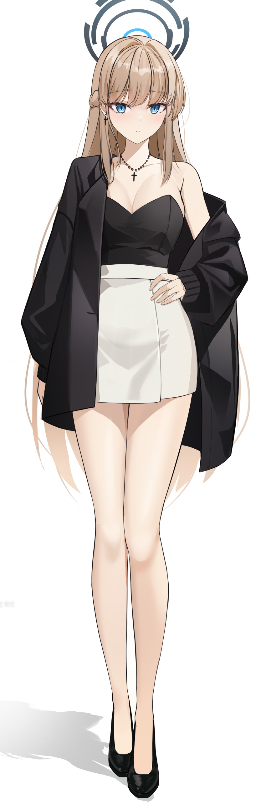 1girl, absurdres, blonde_hair, blue_archive, blue_eyes, breasts, casual, cleavage