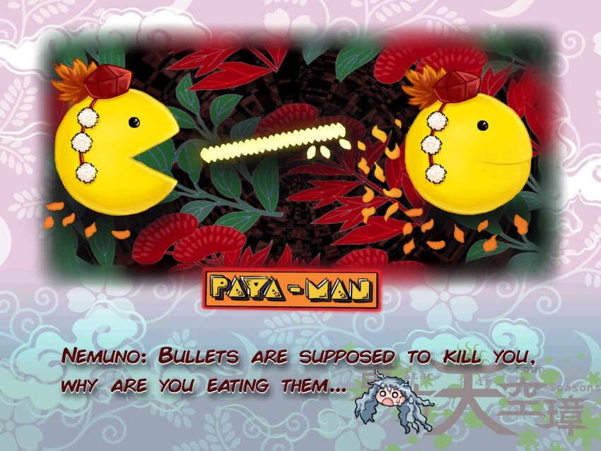 2girls, :d, autumn_leaves, border, closed_mouth, commentary, danmaku, english_commentary, english_text, fading_border, floral_print, gameplay_mechanics, greyhound, hat, hidden_star_in_four_seasons, leaf, logo, logo_parody, long_hair, multiple_girls, o_o, open_mouth, pac-man, pom_pom_(clothes), red_headwear, sakata_nemuno, scoring, shameimaru_aya, sketch, sleepymausu, smile, sweat, sweatdrop, tassel, tokin_hat, touhou, touhou_world_cup, wavy_hair