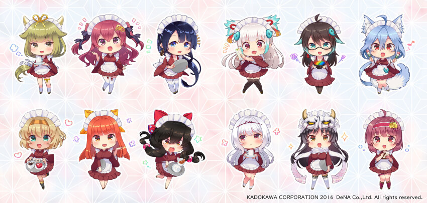 6+girls, ahoge, animal_ears, apron, asa_no_ha_(pattern), averting_eyes, azuki_nagamitsu_(tenka_hyakken), bad_food