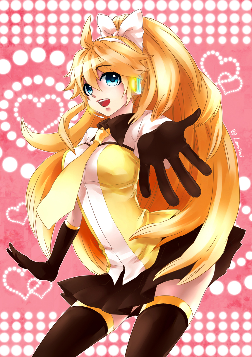 1girl, aqua_eyes, bad_id, bad_pixiv_id, blonde_hair, bow, breasts, comicxiaokai, female_focus, genderswap, genderswap_(mtf), gloves, hair_bow, hair_ribbon, headphones, headset, highres, kagamine_len, kagamine_lenka, lomikai, long_hair, necktie, ponytail, ribbon, skirt, smile, solo, thighhighs, vocaloid, yellow_necktie, zettai_ryouiki