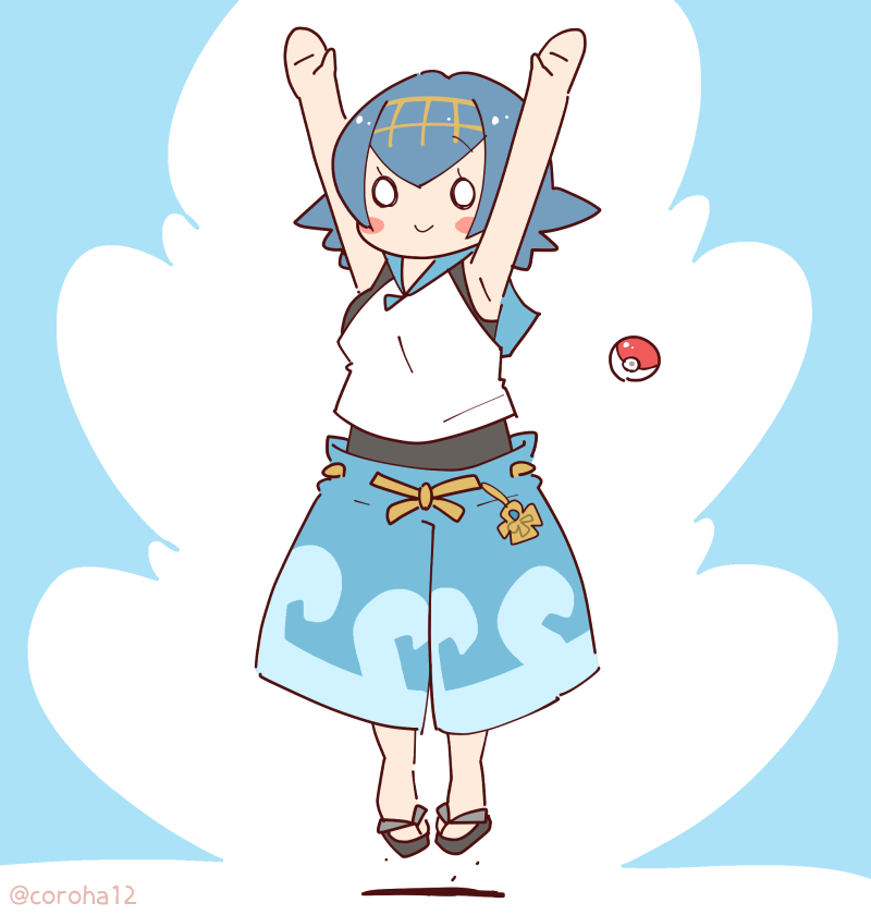 1girl, blue_hair, blue_sailor_collar, blush, blush_stickers, coroha, hairband, jumping