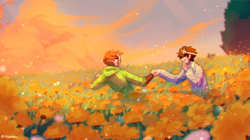 2boys, blue_shirt, brown_hair, chiyahowo, closed_eyes, cloud, collared_shirt, dream_(youtuber), dream_smp, field, flower, georgenotfound, highres, holding_hands, hood, hooded_jacket, jacket, laughing, mask, minecraft_youtube, multiple_boys, shirt, yaoi