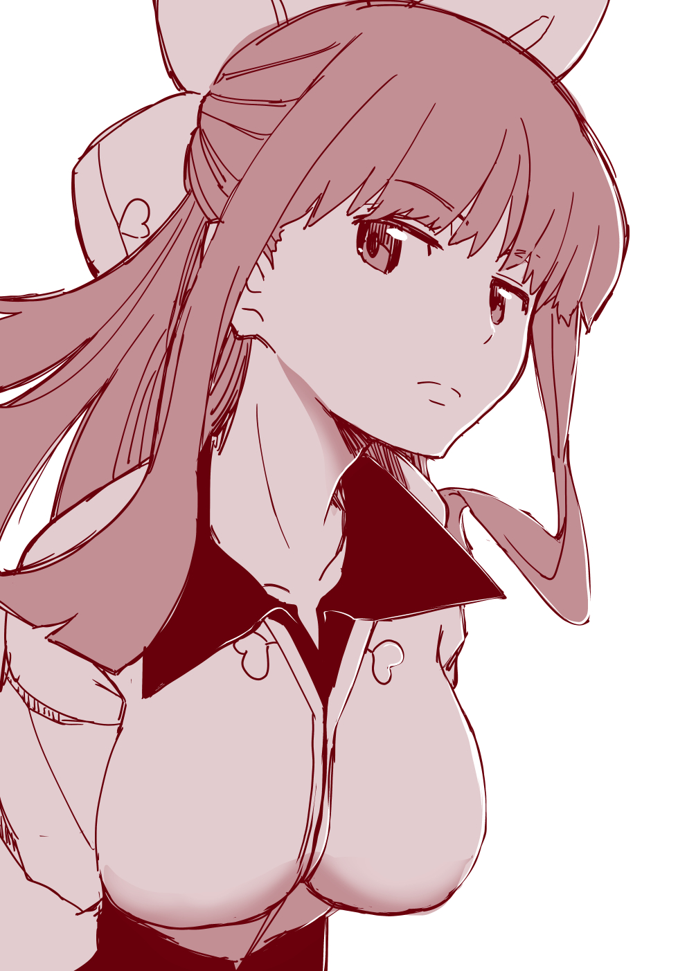 1girl, bow, chiyoganemaru_(tenka_hyakken), close-up, closed_mouth, collarbone, collared_shirt, commentary_request, expressionless, hair_bow, highres, long_hair, looking_at_viewer, orange_theme, shirt, sidelocks, solo, tenka_hyakken, tominofujin, upper_body, v-shaped_eyebrows, white_background