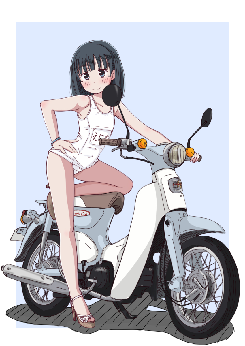 1girl, black_hair, blue_background, blush, bob_cut, bracelet, closed_mouth, eniwa_shii