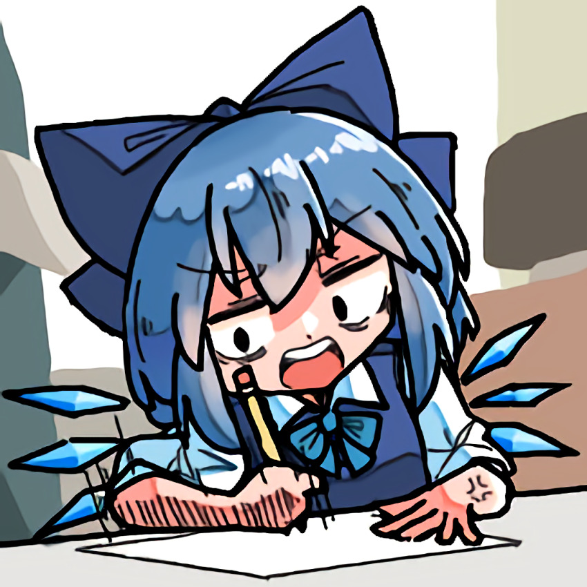 1girl, anger_vein, blue_bow, blue_hair, bow, cirno, collared_shirt, commentary_request, constricted_pupils, detached_wings, drawing, female_focus, hair_bow, holding, holding_pencil, i_fucking_love_drawing_(meme), ice, ice_wings, jitome, kasuya_baian, meme, open_mouth, paper, partial_commentary, pencil, photo-referenced, puffy_short_sleeves, puffy_sleeves, shirt, short_hair, short_sleeves, solo, teeth, touhou, upper_teeth_only, v-shaped_eyebrows, white_shirt, wings