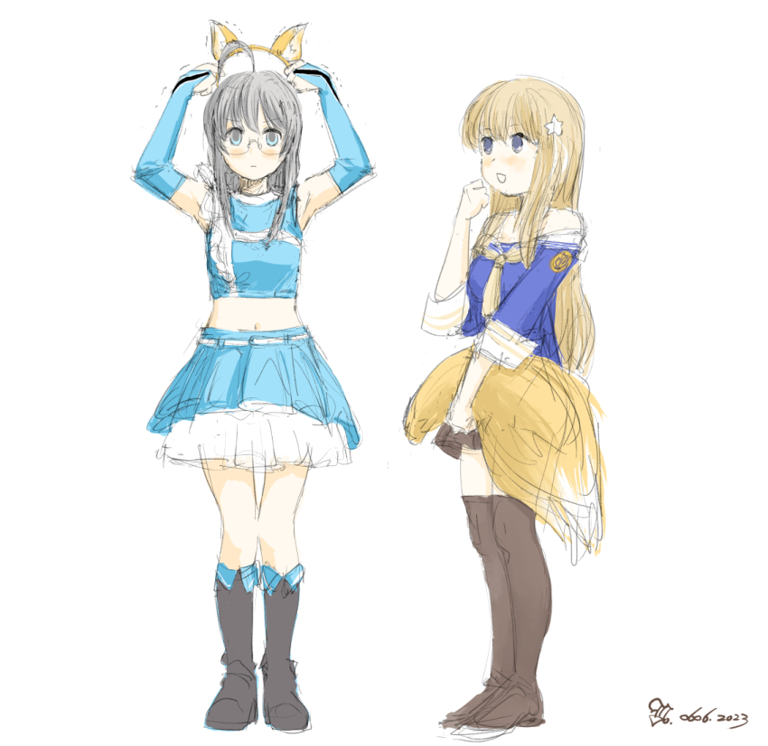2girls, ahoge, animal_ears, black_footwear, black_skirt, blonde_hair, blue_eyes, blue_shirt