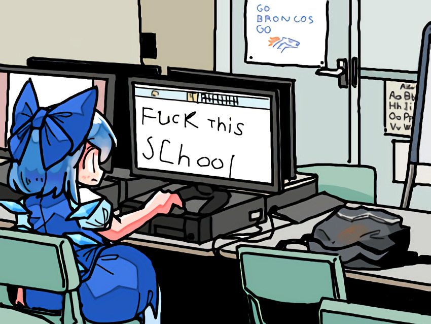 1girl, blue_bow, blue_dress, blue_hair, bow, chair, cirno, closed_mouth, commentary, computer, denver_broncos, desk, dress, english_text, fuck_this_school_(meme), hair_bow, ice, ice_wings, indoors, kasuya_baian, looking_at_screen, meme, monitor, photo-referenced, profanity, puffy_short_sleeves, puffy_sleeves, short_hair, short_sleeves, sitting, solo, touhou, wings