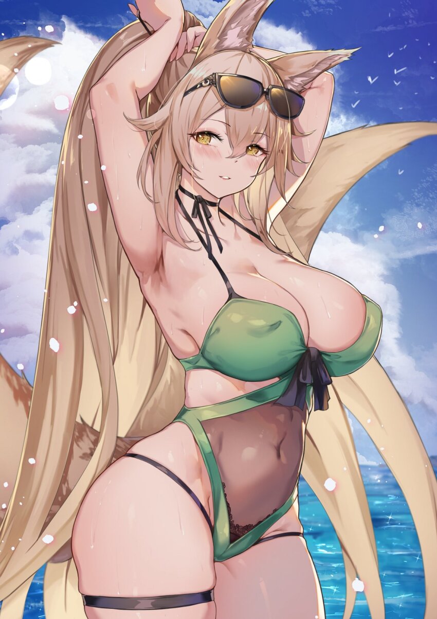 1girl, animal_ears, armpits, arms_up, bikini, blonde_hair, blush, bow, bowtie, breasts, cleavage, collarbone, covered_navel, eyewear_on_head, fox_ears, fox_girl, fox_tail, highres, kitsune, large_breasts, long_hair, looking_at_viewer, navel, ocean, original, outdoors, parted_lips, ponytail, solo, stomach, suirin_(tukikagerou), swimsuit, tail, thigh_strap, thighs, tukikagerou, tying_hair, very_long_hair, wet, yellow_eyes