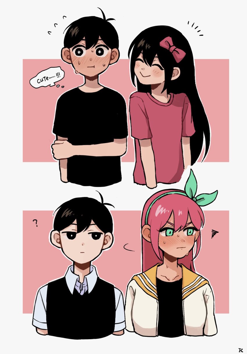 1boy, 1girl, :>, age_comparison, aubrey_(faraway)_(omori), aubrey_(headspace)_(omori), aubrey_(omori), black_eyes, black_shirt, black_sweater, blue_eyes, blush, bow, bright_pupils, closed_eyes, closed_mouth, collarbone, embarrassed, expressionless, hair_bow, hairband, highres, jacket, k_toast, long_sleeves, looking_at_another, omori, pink_bow, pink_shirt, shirt, short_sleeves, smile, speech_bubble, sunny_(omori), sweater, thought_bubble, white_jacket, white_pupils, white_shirt