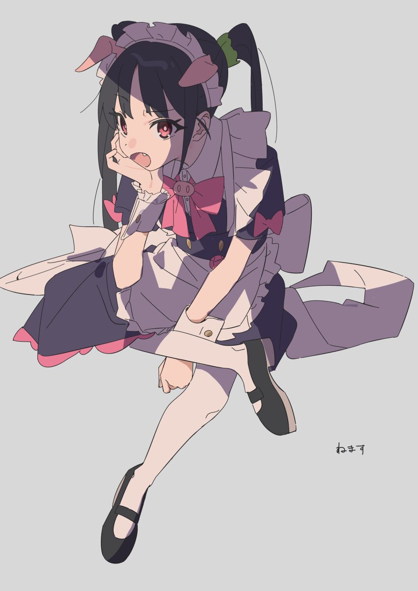 1girl, absurdres, akiba_maid_sensou, animal_ears, apron, black_dress, black_hair, black_shoes