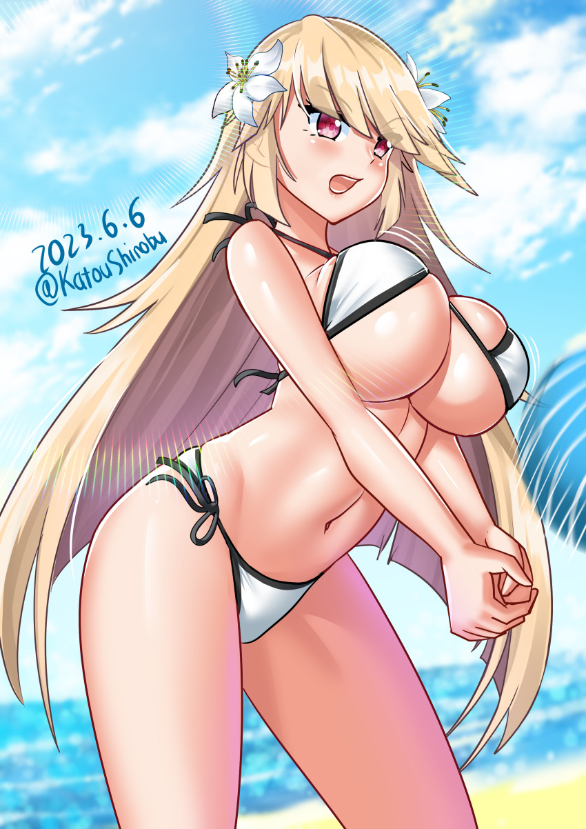 1girl, absurdres, ball, beach, beach_volleyball, bikini, blonde_hair, blue_sky