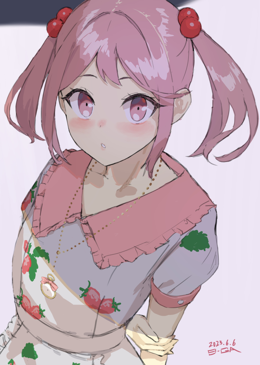 1girl, 9-ga, arms_behind_back, commentary_request, dated, dress, food_print, fruit_print